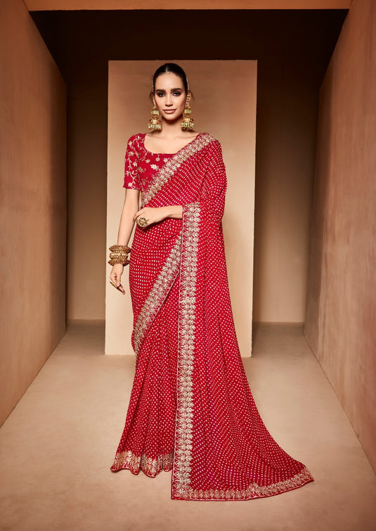 Red Heavy Georgette Traditional Printed Border Embroidered Saree