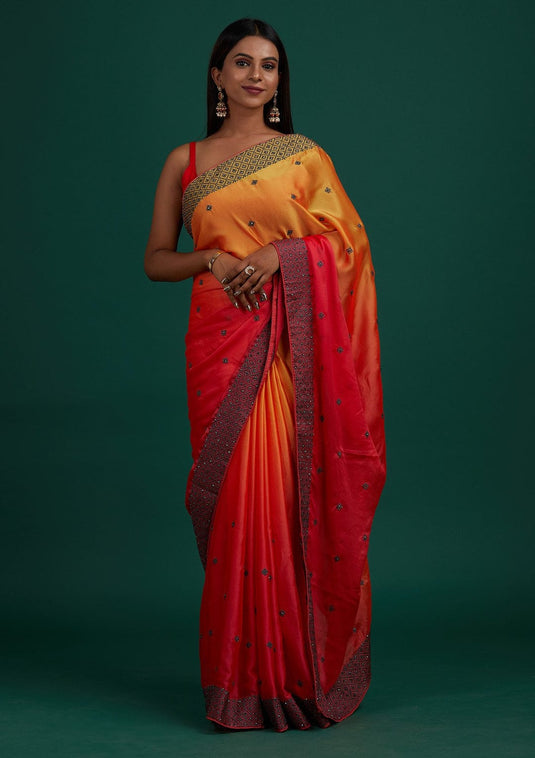 Red Soft Bamber Silk Ombre Swaroski Work Saree