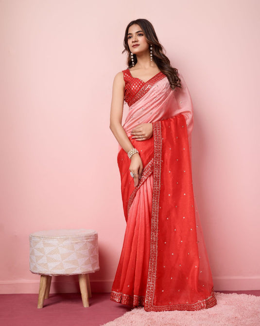 Red Taby Organza Silk Sequence Embroidered Border Saree