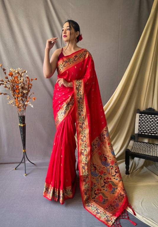 Red Paithani Soft Silk Peacock Motif Saree