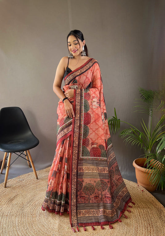 Red pure soft cotton tussar silk elegant print saree