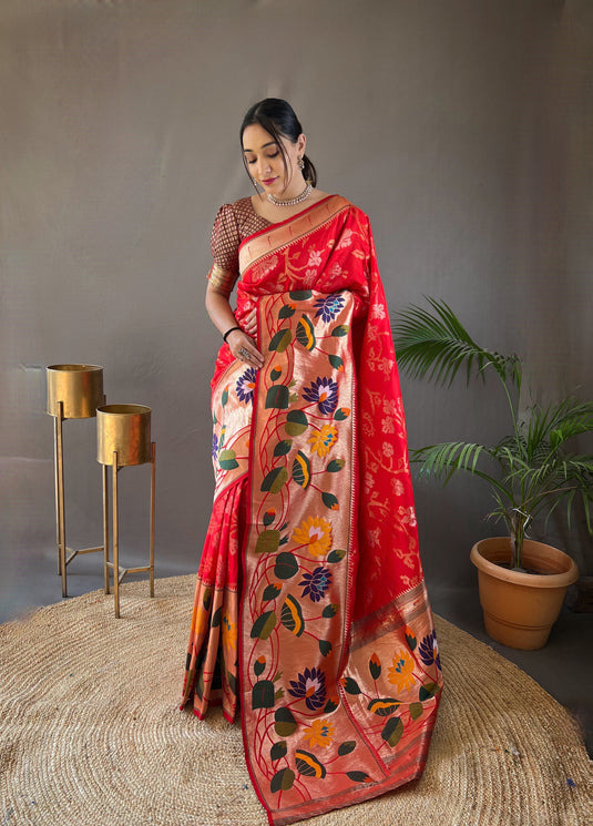 Red Soft Paithani Silk Rich Weaving Traditional Saree