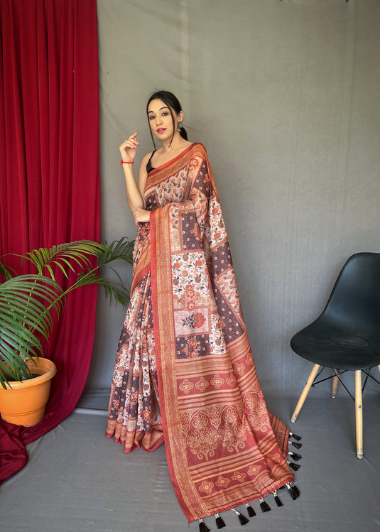 Red Pure Cotton Kashmiri Floral Print Saree