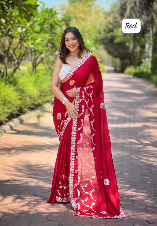 Red Soft Satin Chiffon Foil Thread Embroidered Work Saree