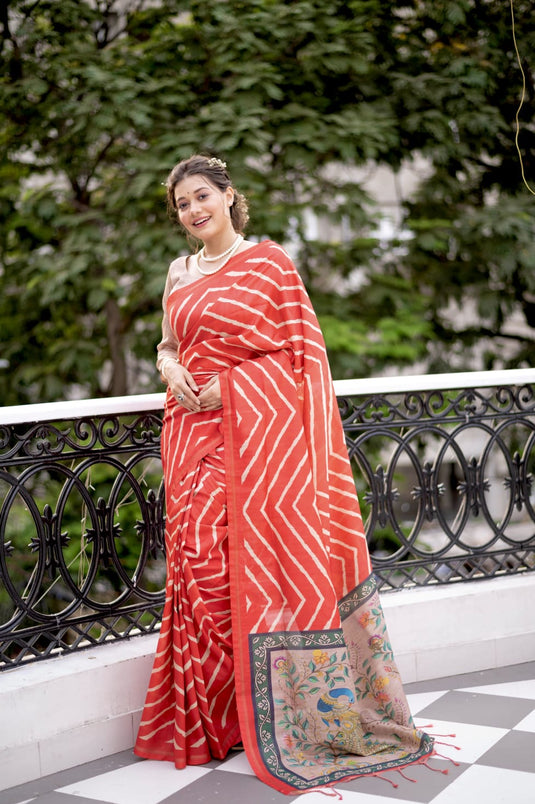 Red Elegant Tissue Silk Lehriya Printed Saree