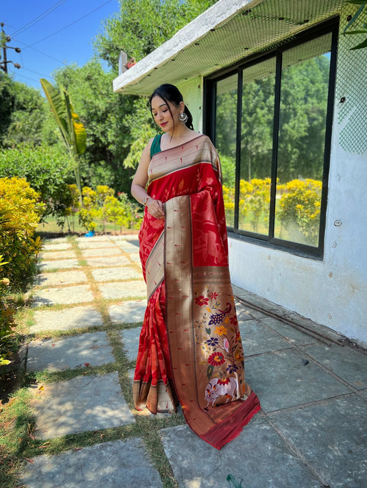 Red Traditional Pure Soft Paithani Silk Zari Weaving Saree