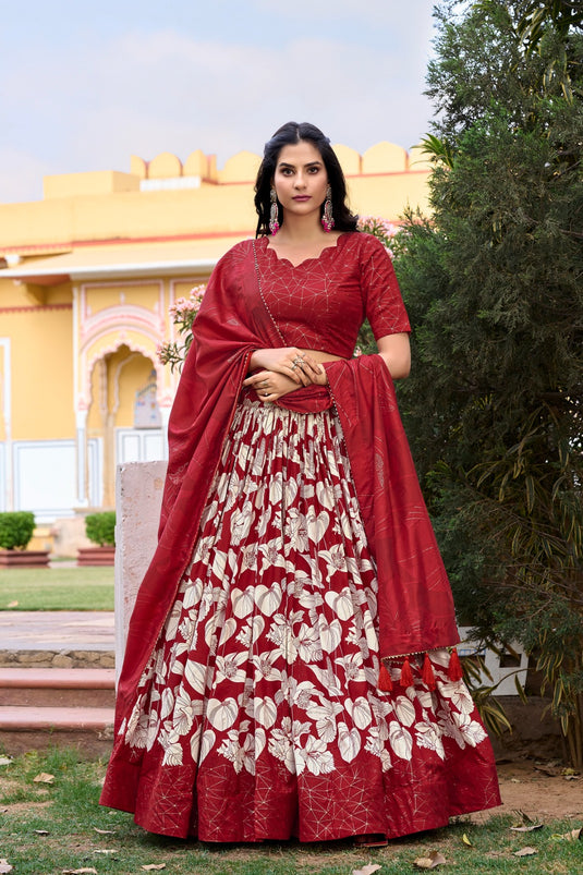 Red Tussar Silk Floral Print Semi Stitched Lehenga Choli