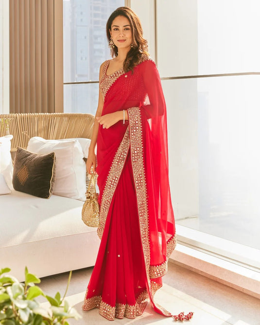 Red Bollywood Inspired Premium Georgette Sequence Embroidered Saree