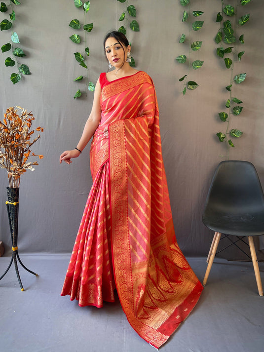 Red Pure Organza Jacquard Border Saree