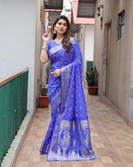 Royal Blue Premium Dola Silk Traditional Bandej Saree With Zari Weaving Border