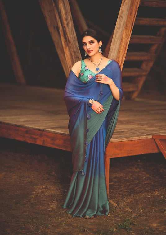 Royal Blue Trendy 3D Velvet Chiffon Ombre Saree With Sequence Embroidered Blouse