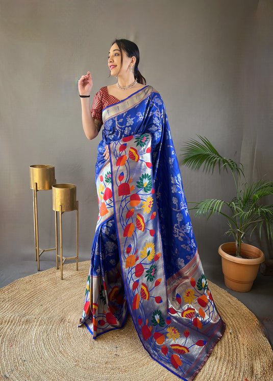 Royal Blue Soft Paithani Silk Rich Weaving Traditional Saree