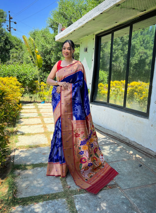 Royal Blue Traditional Pure Soft Paithani Silk Zari Weaving Saree