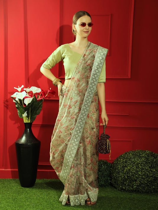 Sand Soft Organza Silk Floral Printed Designer Saree