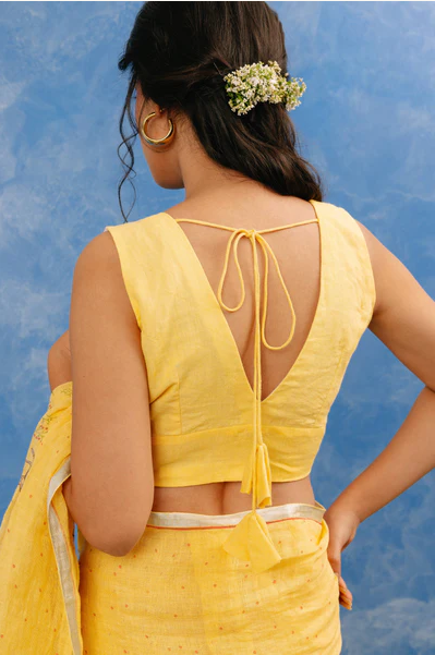 Yellow V Neck Linen Custom Made Blouse