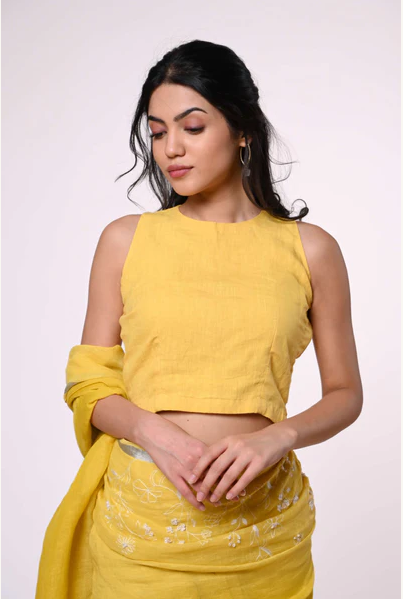 Yellow Pack Neck Linen Custom Made Blouse