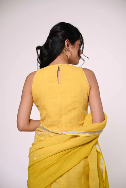 Yellow Pack Neck Linen Custom Made Blouse