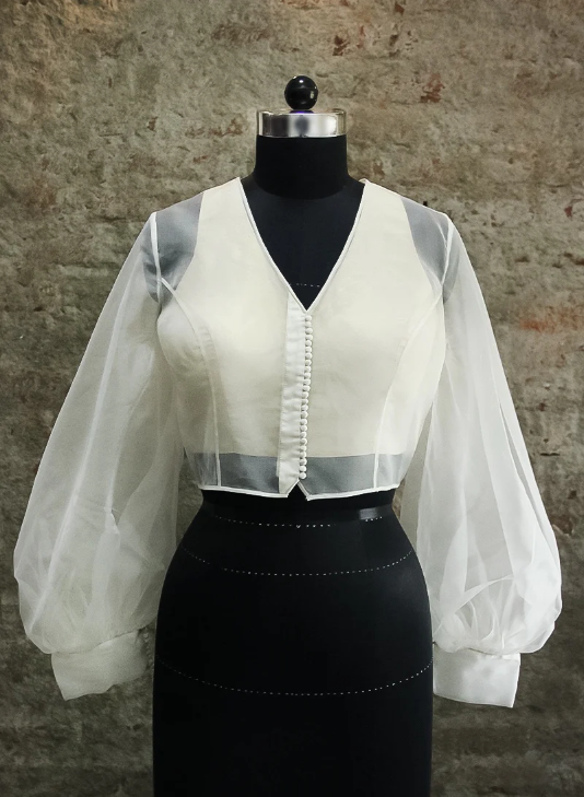 White Organza V Neck Puff Sleeves Custom Made Blouse