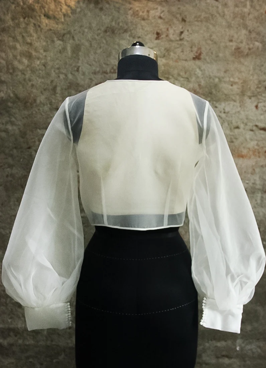 White Organza V Neck Puff Sleeves Custom Made Blouse