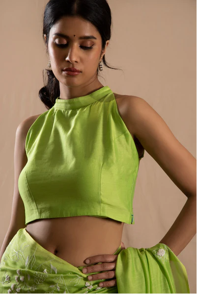 Parrot Green Halter Neck Linen Sleeveless Custom Made Blouse