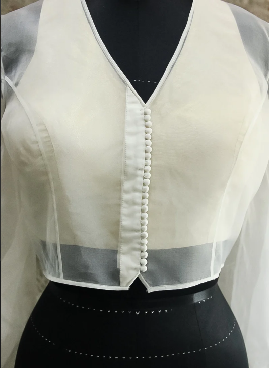 White Organza V Neck Puff Sleeves Custom Made Blouse