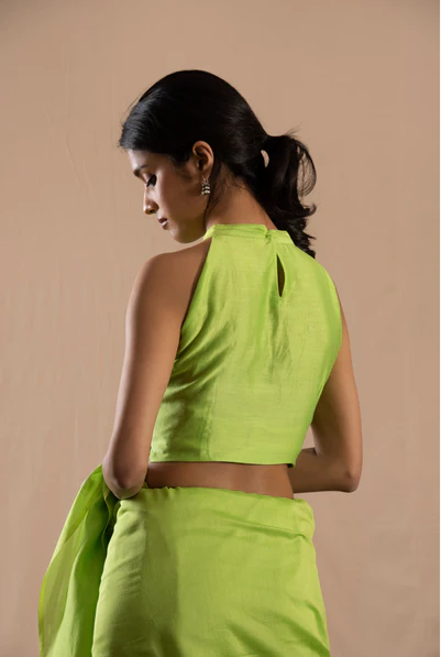 Parrot Green Halter Neck Linen Sleeveless Custom Made Blouse