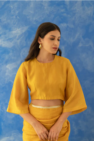 Mustard Yellow Pack Neck Linen 3/4 Sleeves Custom Made Blouse