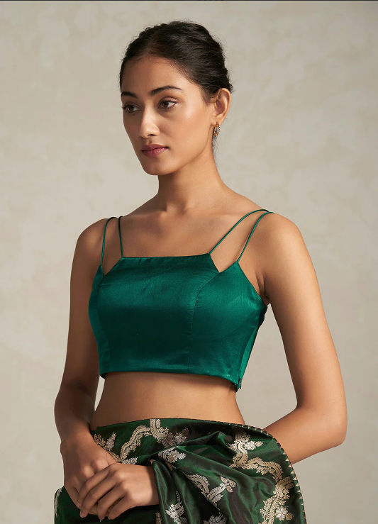 Green Satin Designer Square Neck Custom Made Blouse