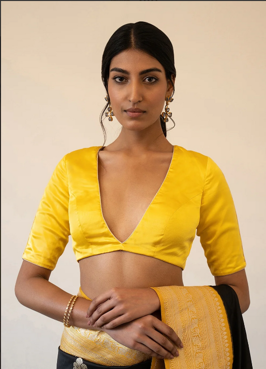 Yellow Satin V Neck Half Sleeve Custom Made Blouse