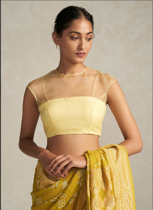 Yellow Organza Pack Neck Custom Made Blouse