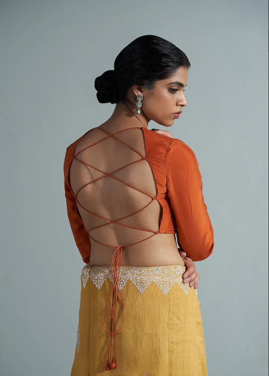 Orange Satin Pack Neck Backless Custom Made Blouse