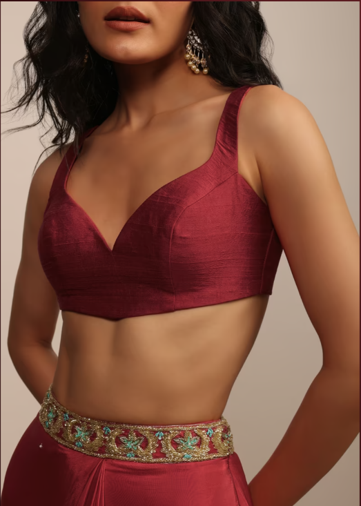 Maroon Raw Silk Sweetheart Neck Custom Made Blouse