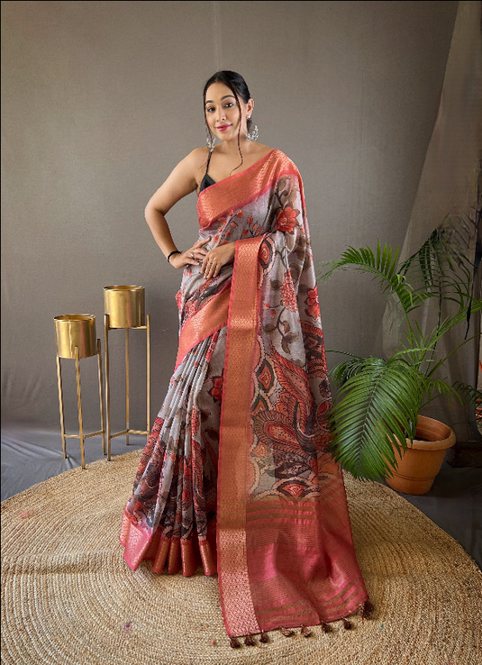 Purple Classic Soft Cotton Tussar Silk Floral Traditional Print Saree.