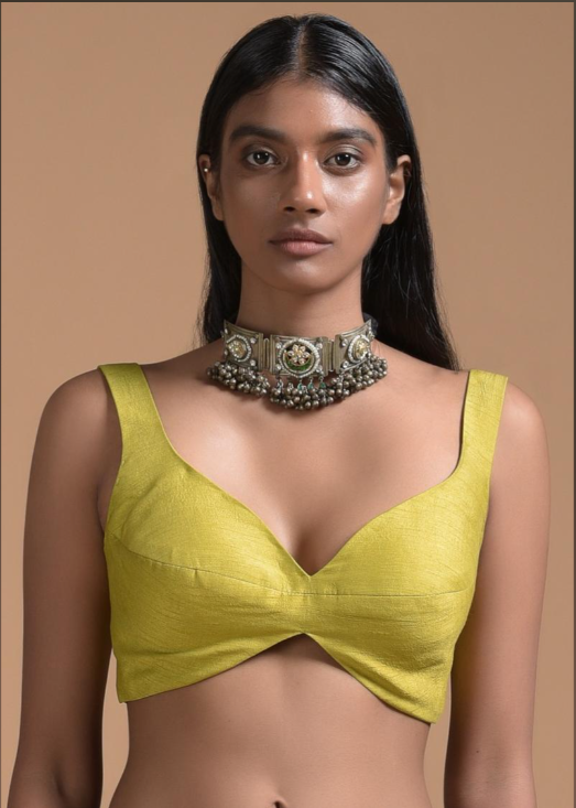 Yellow Raw Silk Sweetheart Neck Custom Made Blouse