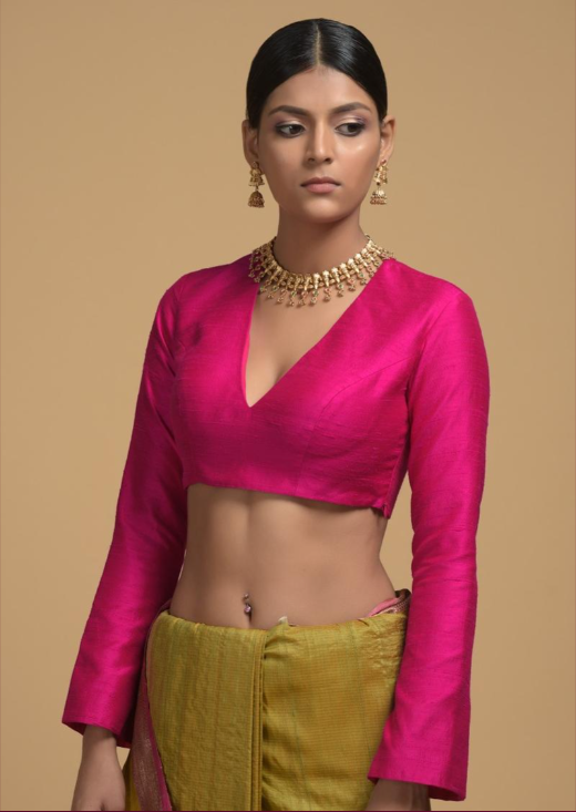 Pink Raw Silk V Neck Custom Made Blouse