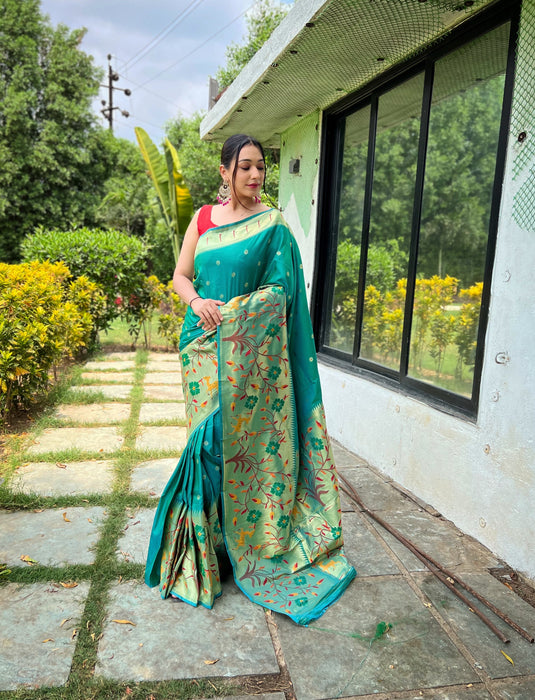 Sea Green Classic Pure Paithani Traditional Border Zari Weaving Saree