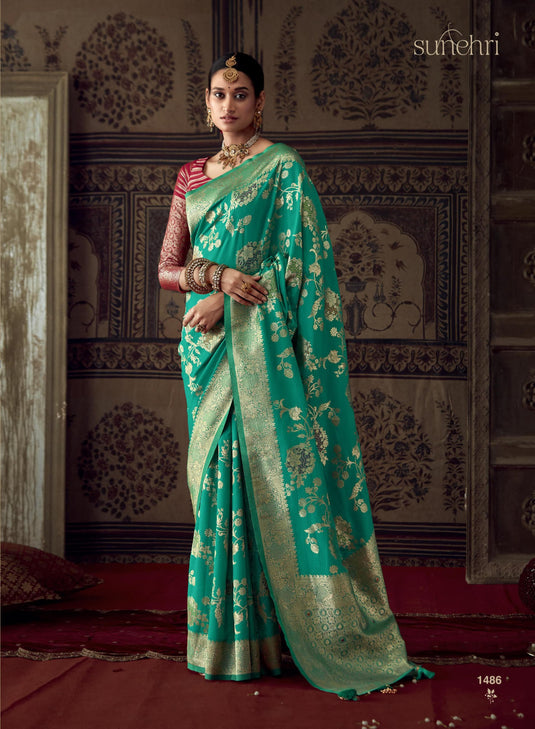 Sea Green Pure Dola Silk Meenakari Weaving Traditional Saree