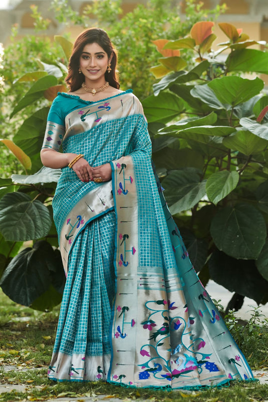 Sky Blue Banarasi Soft Silk Paithani Zari Weaving Border Traditional Saree