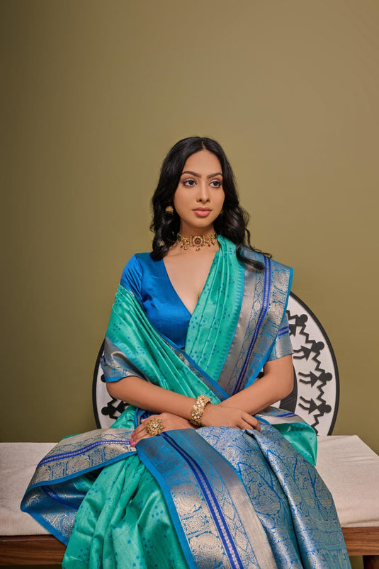 Sky Blue Soft Desi Tussar Silk Bandhani Weaving Pattern saree