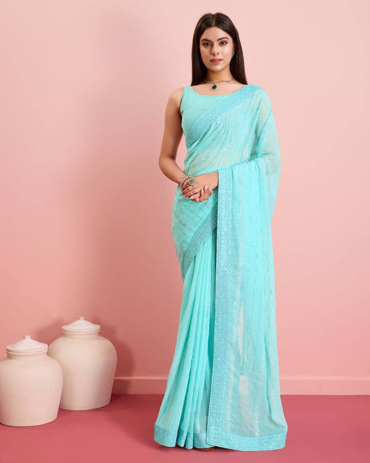 Sky Blue Premium Soft Georgette Sequence Embroidered Work Saree