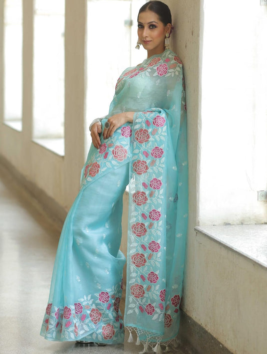 Sky Blue Elegant Pure Organza Thread Embroidered Saree