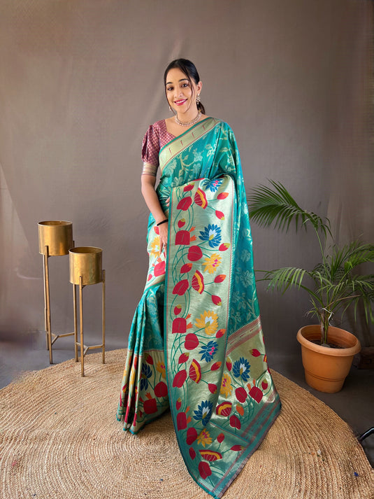 Sky Blue Soft Paithani Silk Rich Weaving Traditional Saree