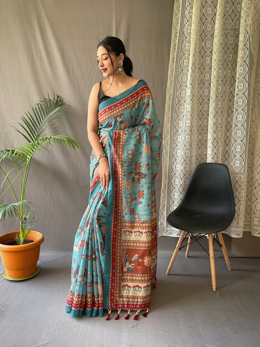 Sky Blue Malai Cotton Kalamkari Print Saree