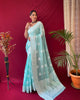 Sky Blue Pure Linen Lucknowi Weaving Saree