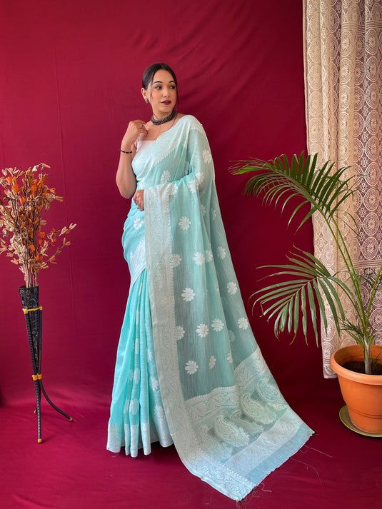 Sky Blue Pure Linen Lucknowi Weaving Saree