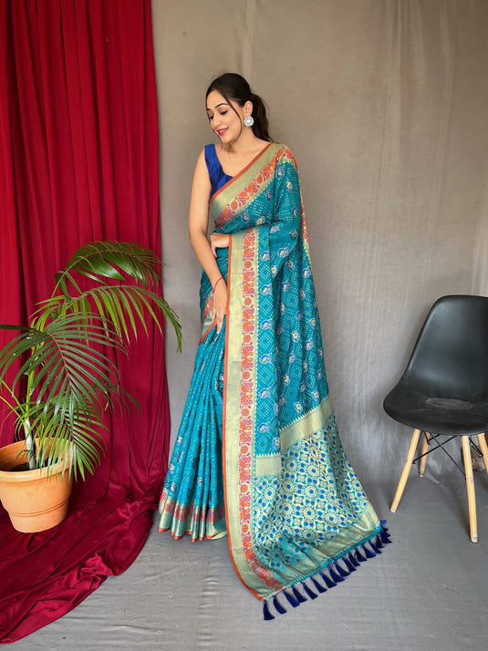 Sky Blue pure kutchi patola weaving silk saree