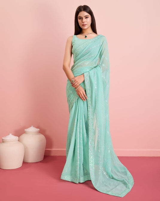 Sky Blue Latest Soft Georgette Sequence Embroidered Work Saree