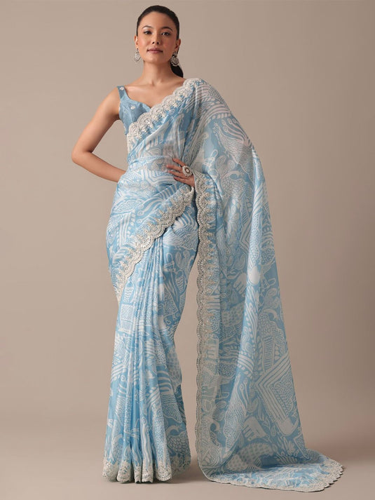 Sky Blue Abstract Digital Printed Designer Saree