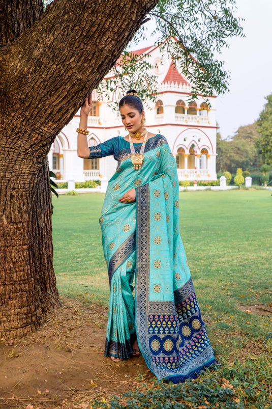 Sky Blue Banarasi Soft Silk Patola Zari Weaving Pattern Saree