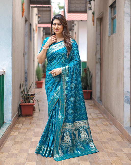 Sky Blue Blue Premium Dola Silk Traditional Bandej Saree With Zari Weaving Border